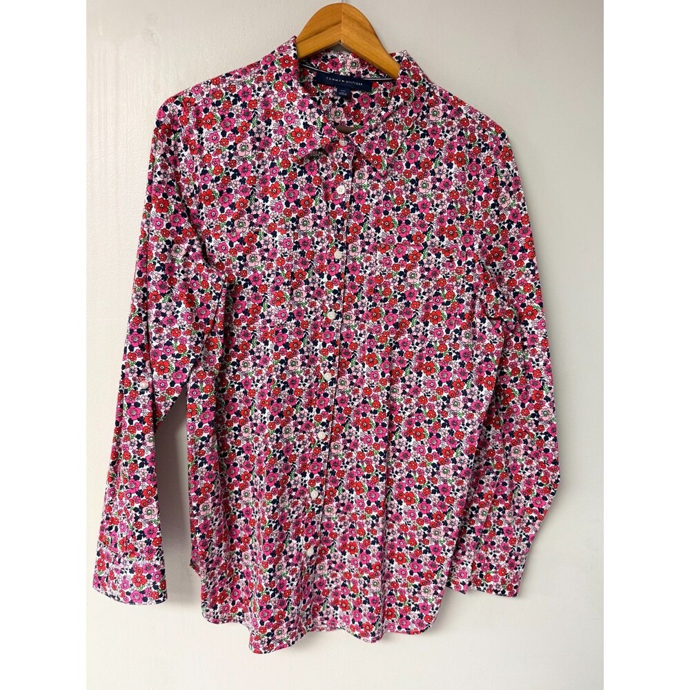 Tommy Hilfiger Womens Large Multicolor Floral Button Down Shirt 2 Front Pockets